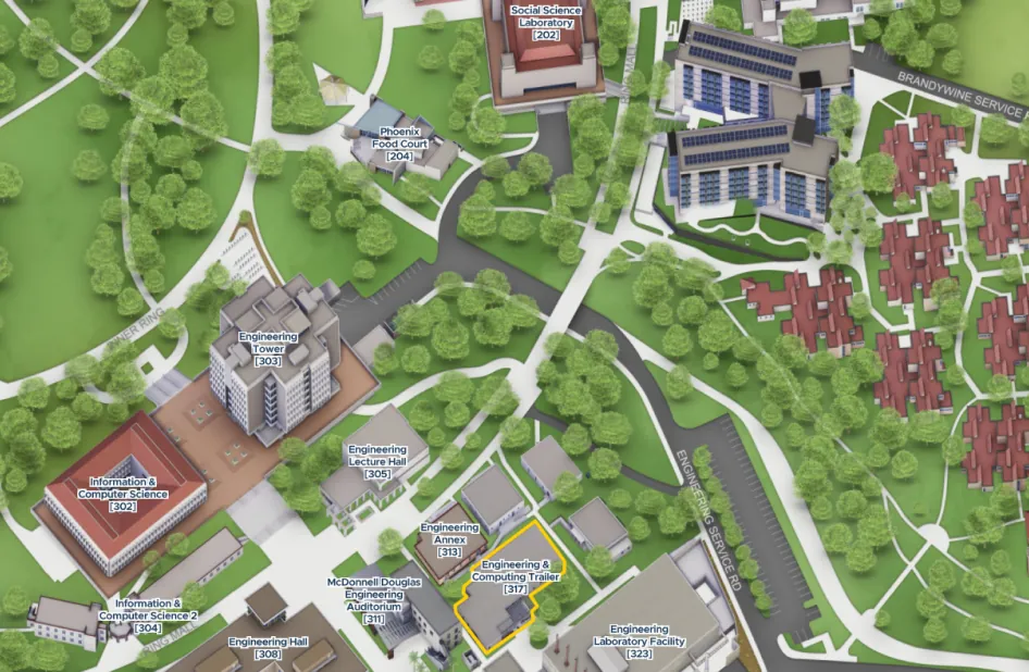 Campus map highlighting the Engineering and Computing Trailer